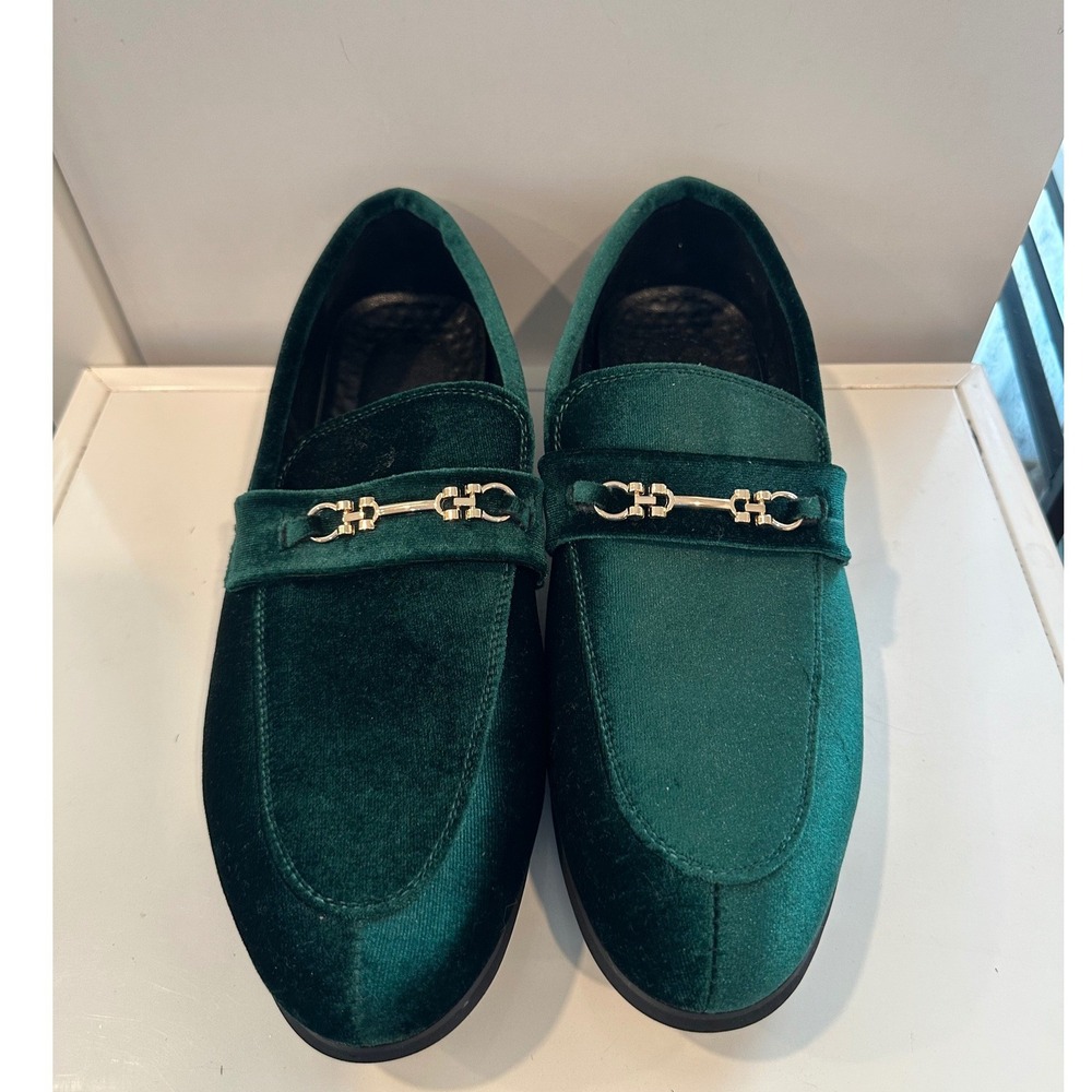 Emerald Green Velvet Loafers Mens Dress Wedding Holiday Shoes Gold A0205 Size 43